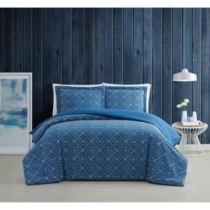 King 3pc Katrine Duvet Cover Set Blue - Brooklyn Loom: 100% Cotton, Geometric Pattern, Reversible, with Shams - 1 of 4