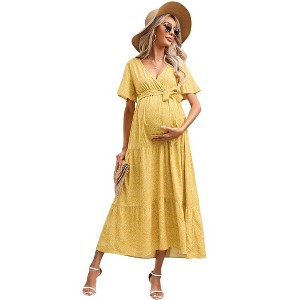 V-neck flared sleeve short sleeved long maternity dress - 1 of 1
