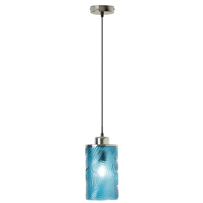 Aimee Blue Glass Cylinder Pendant Lamp with Palm Leaf Texture