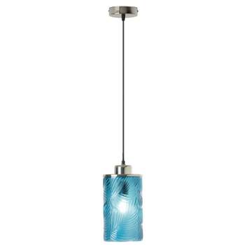 River of Goods 6" Aimee Textured Palm Leaf Blue Glass Cylinder Shaped Pendant Lamp