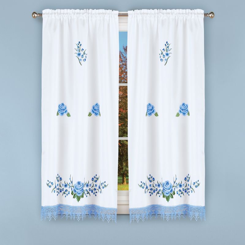 Collections Etc Embroidered Blue Rose with Lace Window Drapes, 2 of 4