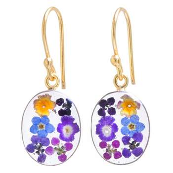 Women's Gold over Sterling Silver Pressed Flowers Small Oval Drop Earrings