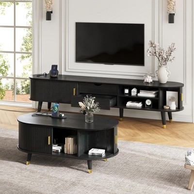 Kumasinova 74.8" Rustic Farmhouse TV Stand with Charging Station&Optional Coffee Table Set,Mid-Century Oval Media Console for TV up to 80"
