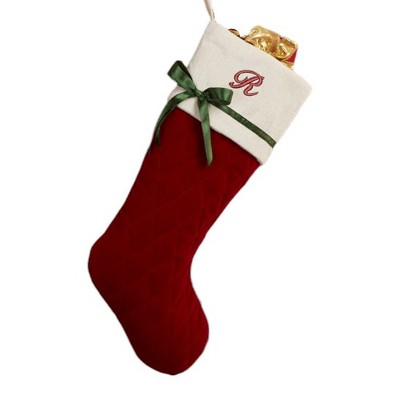 Personalization Mall Winter Classic Initial Quilted Stockings with Bow, Burgundy