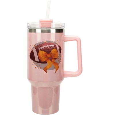Elanze Designs 40 Ounce Stainless Steel Double Wall Insulated Glitter Travel Tumbler With Handle, Straw, and Lid, Football With Orange Bow Pale Pink
