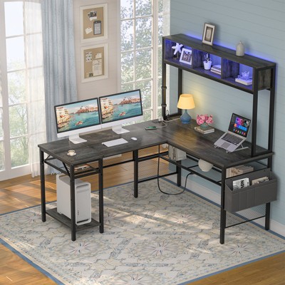 Aheaplus Reversible L-shaped Computer Desk with Storage Shelves and LED Strip and Power Outlets