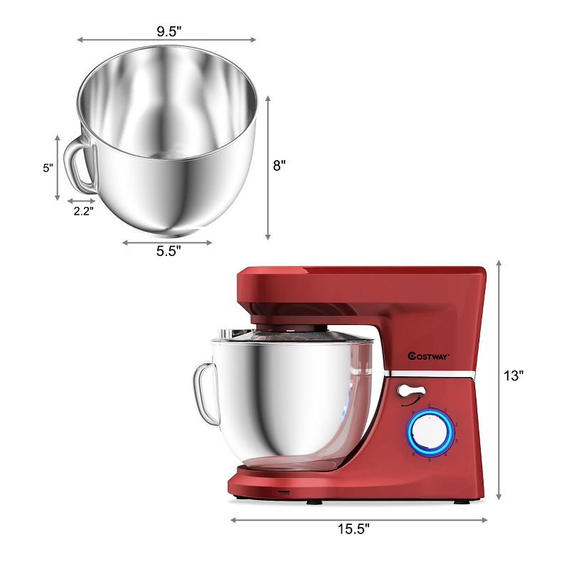 Costway Tilt-Head Stand Mixer 7.5 Qt 6 Speed 660W with Dough Hook, Whisk & Beater Red, 3 of 11