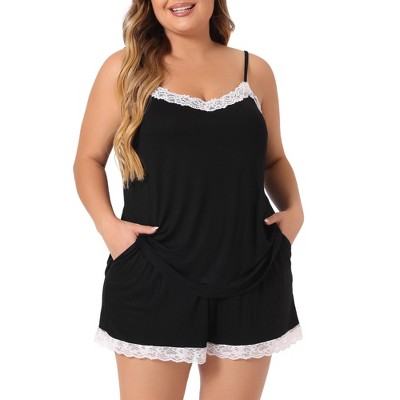 Agnes Orinda Women's Plus Size Lace Panel Elastic Waist Pocket Sleeveless Solid Pajamas Sets