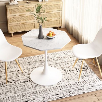 Modern Octagonal Coffee Table with Printed White Marble Table Top, Metal Base, for Dining Room, Kitchen, Living Room, CENGHU Bistro Table