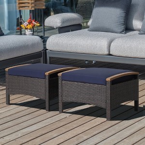 Costway Set of 2 Patio Rattan Ottoman Footrest Cushions Wooden Handle Off White\Brown\Red\Navy - 1 of 4