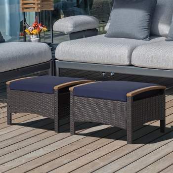 Costway Set of 2 Patio Rattan Ottoman Footrest Cushions Wooden Handle Off White\Brown\Red\Navy