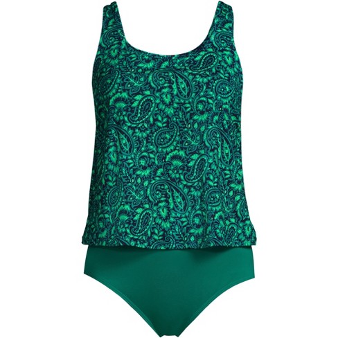 Lands' End Women's Chlorine Resistant One Piece Fauxkini Swimsuit - Large -  Island Emerald/Navy Mix