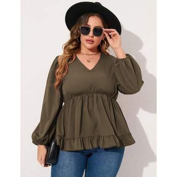 WhizMax Women's Plus Size Blouses Casual V Neck Babydoll Tunic Puff Long Sleeve Chiffon Tops A Line Shirts