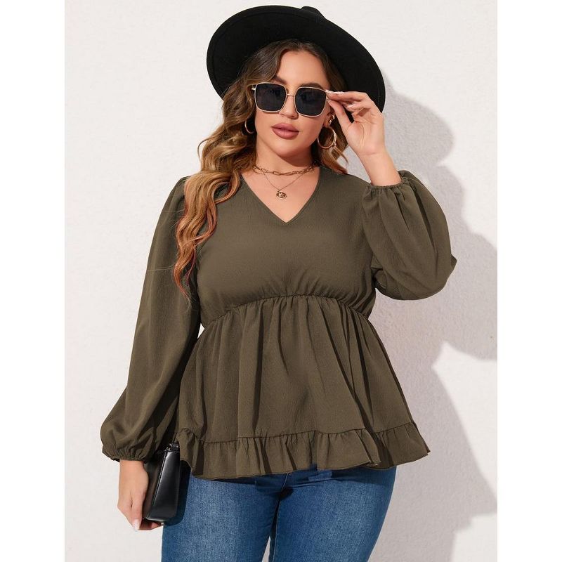 WhizMax Women's Plus Size Blouses Casual V Neck Babydoll Tunic Puff Long Sleeve Chiffon Tops A Line Shirts, 1 of 8