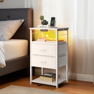 Tall Nightstand with Charging Station and LED Lights, Bedside Table with Fabric Drawers