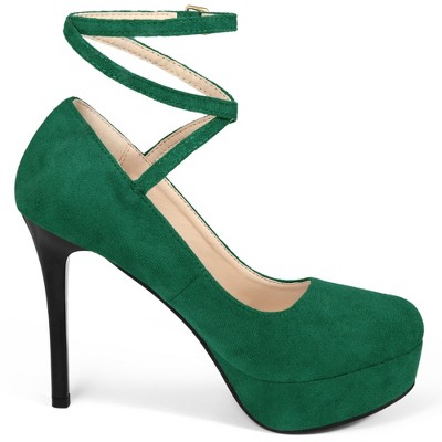 BLISSFUL STEP Women's Round Toe Stiletto Heel Cross Strap Lace Up Buckle Pumps