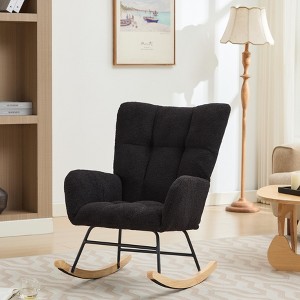 ROOMTEC Modern Upholstered Accent Rocking Chair with Side Pocket, High Backrest Rocker Glider Chair, Armchair with Solid Wood Legs - 1 of 4