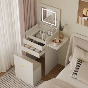 Small Vanity Desk Set with Flip-top Mirror and Lights White Compact Integrated Makeup Table with Storage Chair for Small Space - 1 of 4