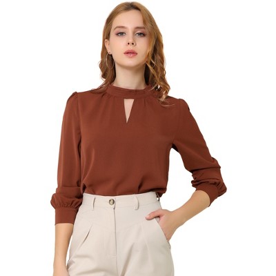 INSPIRE CHIC Women's Office Keyhole Elegant Stand Collar Long Sleeve Back Neck Button Blouse