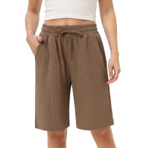 Women's Bermuda Shorts with Zipper Pockets Casual Summer Drawstring Jersey Shorts Elastic Waist Comfy Waffle Shorts - 1 of 4
