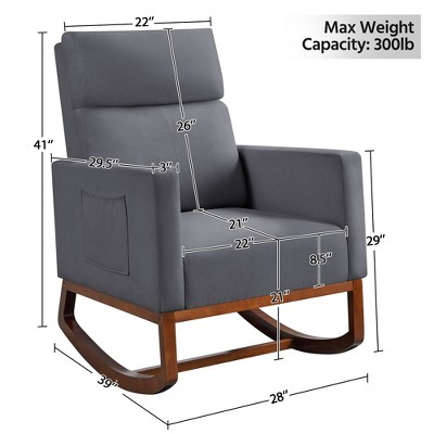Gray Upholstered Rocking Chair with Rubber Wood Legs and Side Pockets