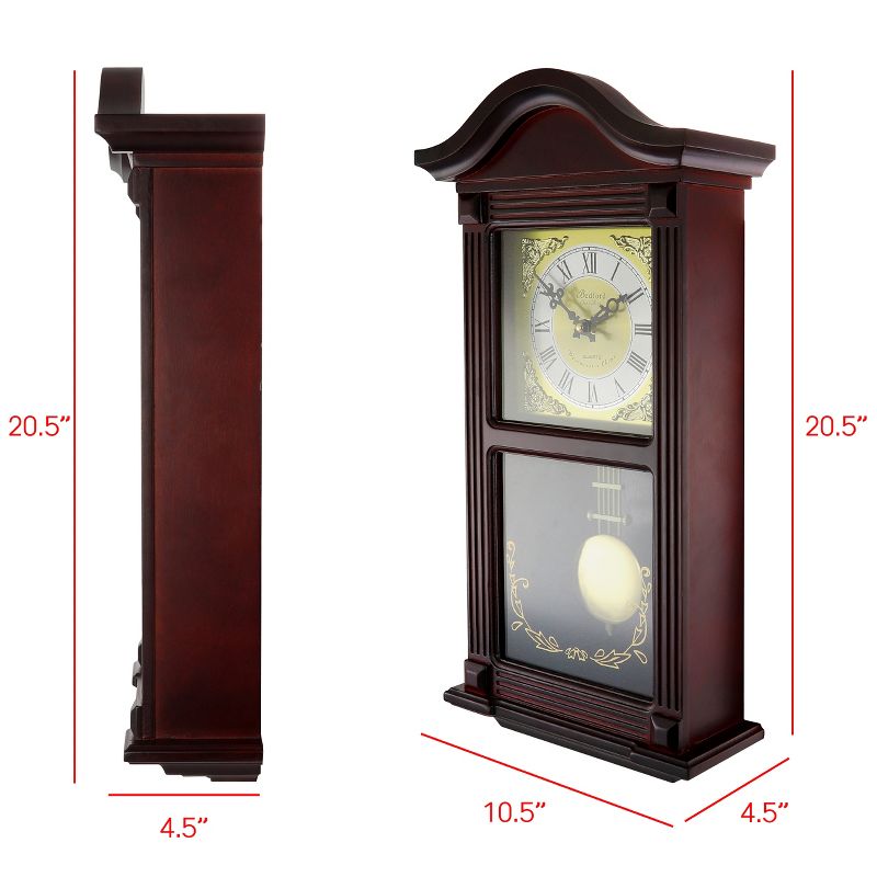 Bedford Clock Collection 22 Inch Wall Clock in Mahogany Cherry Oak Wood with Brass Pendulum and 4 Chimes, 3 of 6