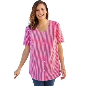 Woman Within Plus Size Seersucker Baseball Shirt - 1 of 4