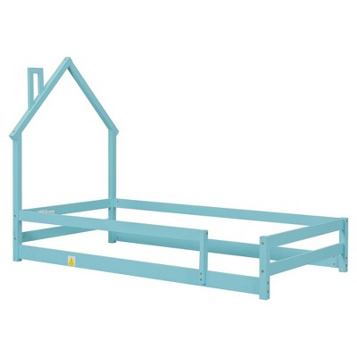 Pine Wood Floor Bed Frame With House Shaped Headboard Full-Length Guardrails Twin Size For Toddler Kids Girls Boys (202 x 113.8 x 145cm )