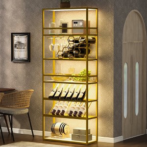 78.74"H LED Bar Cabinet, Buffet Sideboard with 6 Levels and Wine Bottle Racks, Black/Gold, 4A -ModernLuxe - 1 of 4