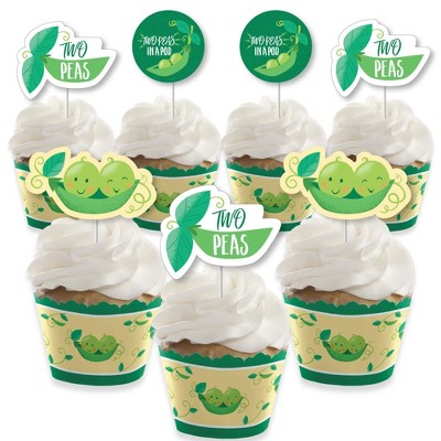 Big Dot of Happiness Double the Fun - Twins Two Peas in a Pod - Cupcake Decor - Baby Shower or Birthday Party Cupcake Wrappers & Treat Picks Kit-24 Ct