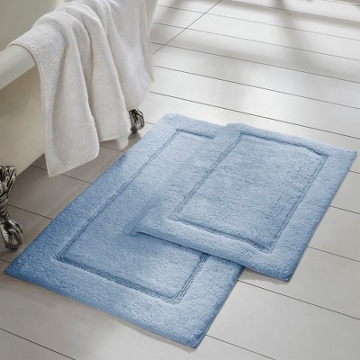 White/Blue 2 Pc Bathmat Set 100% Super Soft Cotton Accent Bath Rugs 