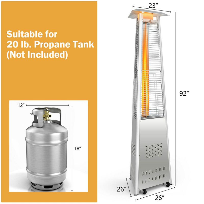 Costway 42,000 BTU Stainless Steel Pyramid Patio Heater Glass Tube Flame W/ Wheels, 4 of 11