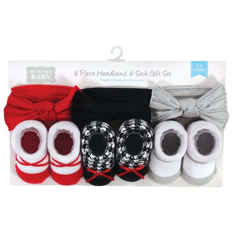 Hudson Baby Infant Girls Headband and Socks Giftset, Red Houndstooth Bows, One Size, 2 of 6
