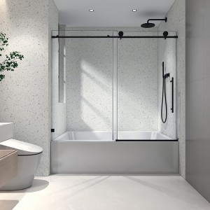 PexFix 63 in.x 60 in. Frameless Single Sliding Shower Door 8mm Tempered Glass With Adjustable Soft Closing Design for Spa Bathroom Clear Matte Black - 1 of 4