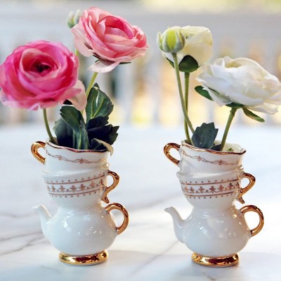 Small White and Gold Ceramic Teapot and Teacup Bud Vase Set