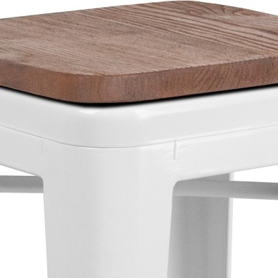 24" White Metal and Brown Wood Backless Counter Stool