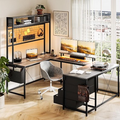 Jojoka 78.7"Reversible U Shaped Gaming Desk w/ Storage Shelves & Monitor Stand,Gaming Table w/ 4 Drawers & Led Lights & Power Outlet for Home Office