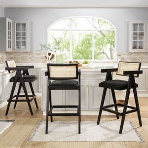 PAGED 38" High Bar Stools Modern Upholstered Counter Stools with Resin Rattan Back, Set of 3, Arms and Wooden Legs for Pub, Dining Room - 1 of 4