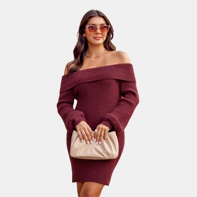 Burgundy off the 2025 shoulder sweater dress