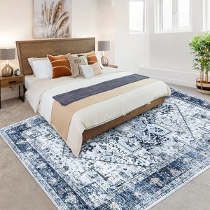 Washable Area Rug Vintage Distressed Rug,Thin Floor Carpet, Foldable Stain Resistant Rug, Faux Wool Rug for Kitchen, Bedroom, Living Room - 1 of 4