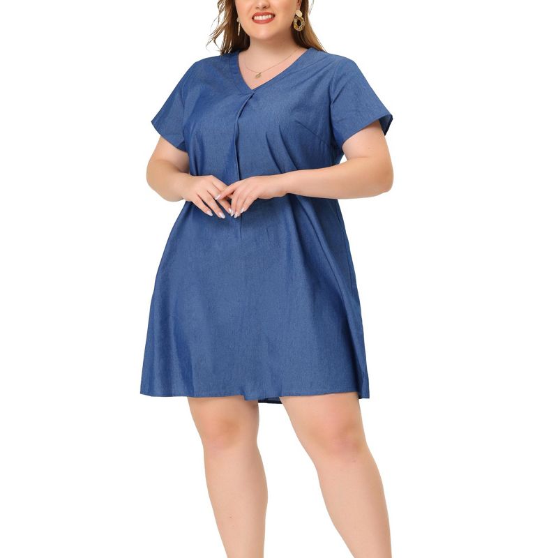 Agnes Orinda Women's Plus Size Solid Pleat Short Sleeve V Neck Chambray A Line Dresses, 2 of 7