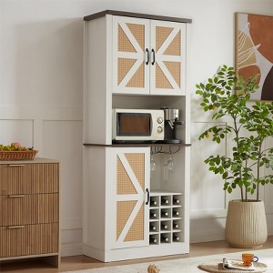 76.4"H Tall Wooden Faux Rattan Storage Cabinet, Kitchen Bar Cabinet with Square Compartments, Doors and Shelves, 4Q -ModernLuxe - 1 of 4