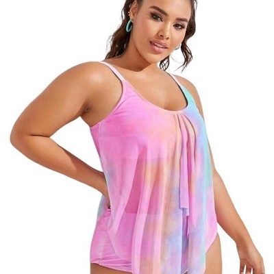 Womens Plus Size Mesh Cover Tie Dye Bikini High Waisted Swimsuits Bathing Suits Tummy Control Swimwear