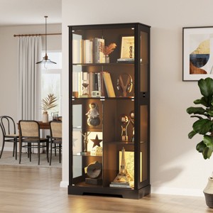 Vlsrka Glass Door Display Cabinet with Adjustable Shelves, LED Lights & Motion Sensor Bookcase for Toys and Books, Black - 1 of 4