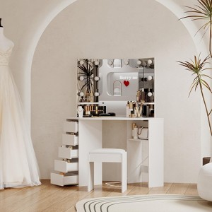 Corner Makeup Vanity Desk with Mirror & Lights, Adjustable 3-Color Brightness, Power Outlet, Includes Stool, Dark Finish for Girls - 1 of 4