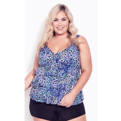 Avenue Women's Plus Size Ruffled Print Tankini Top