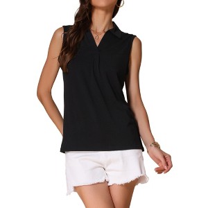 INSPIRE CHIC Women's Summer Sleeveless V Neck Turndown Collar Polo Casual Blouse - 1 of 4