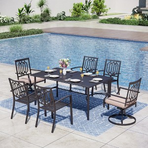 Captiva Designs 7pc Patio Slatted Top Steel Dining Table with Umbrella Hole & Stylish Back Metal Chairs - 1 of 4
