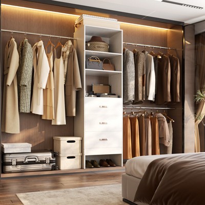 Aheaplus 21''-96'' Adjustable Closet System with 3 drawers, Hanging Rods, Storage Shelves