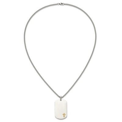 Chisel Stainless Steel with 14K Gold Accent and .02 ct. Diamond Cross Dog Tag on a 24" Curb Chain Necklace